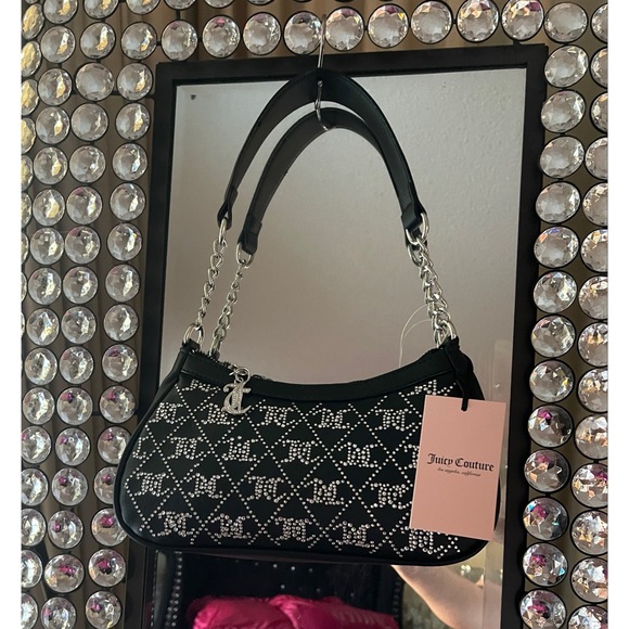 Juicy Couture Logo Crystal Crush Black Shoulder Bag with Silver Chain - Picture 1 of 8